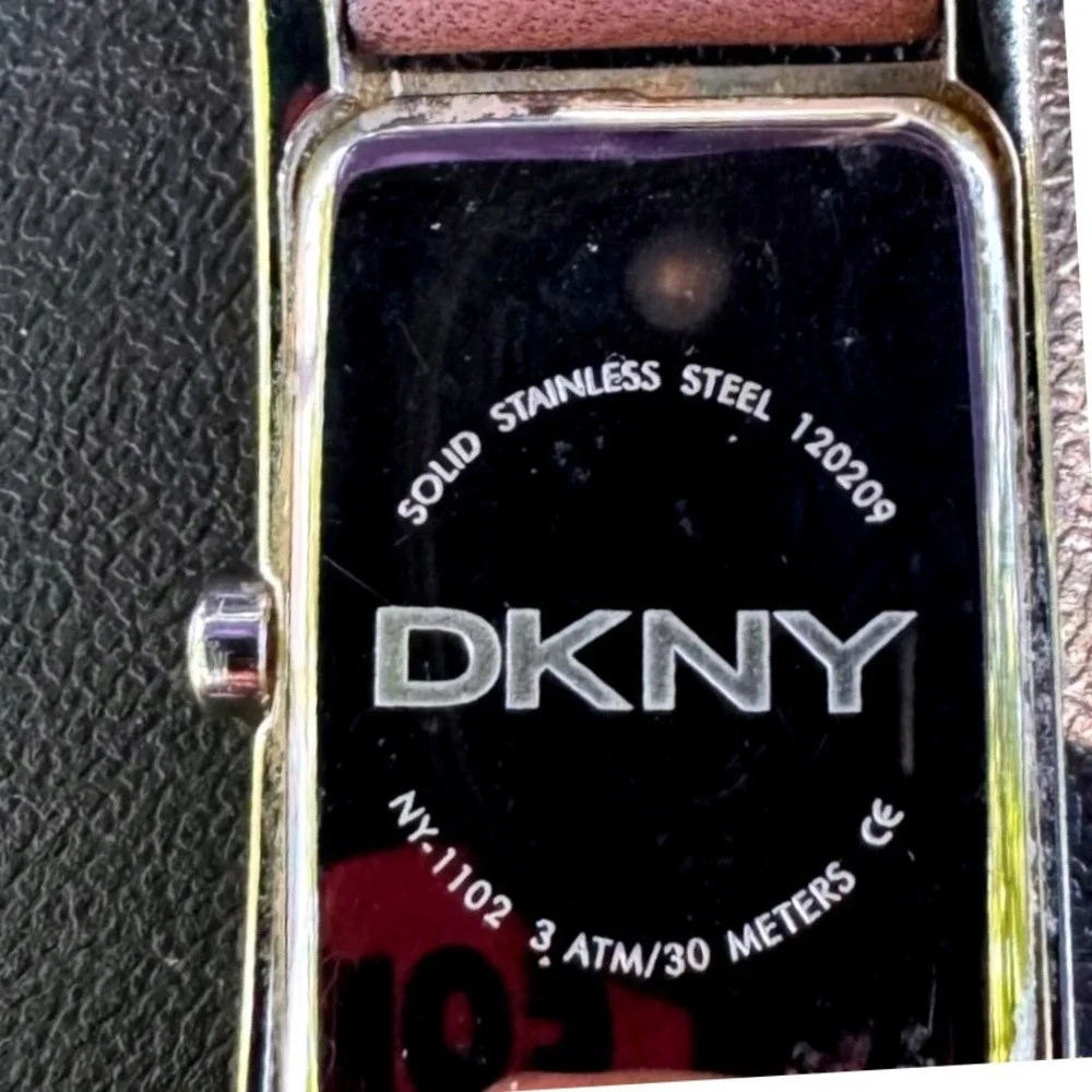 VTG‎ DKNY Quartz Watch Pink Leather Band Rectangle Face Solid Stainless Steel